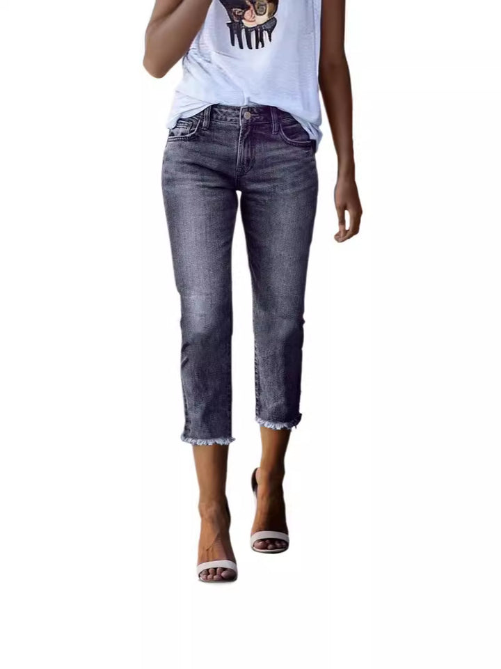 Damen nan gerade geschnittene Jeanshose in verkürzter Länge mit ausgefranstem Saum Drune