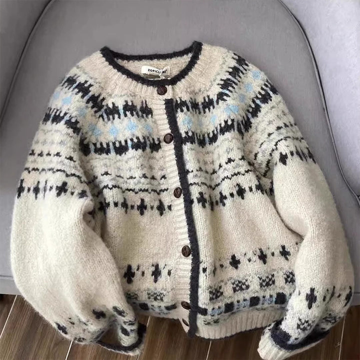 Damen Strickjacke mit traditionellem Norwegermuster und hochwertigen Knöpfen Drune
