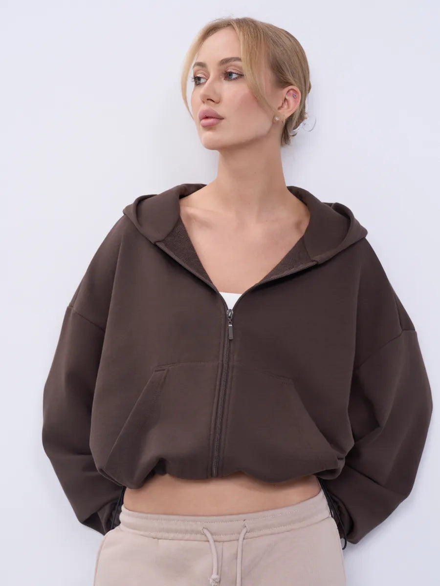Damen lässiger cropped Kapuzenpullover mit voluminösen Ärmeln Drune