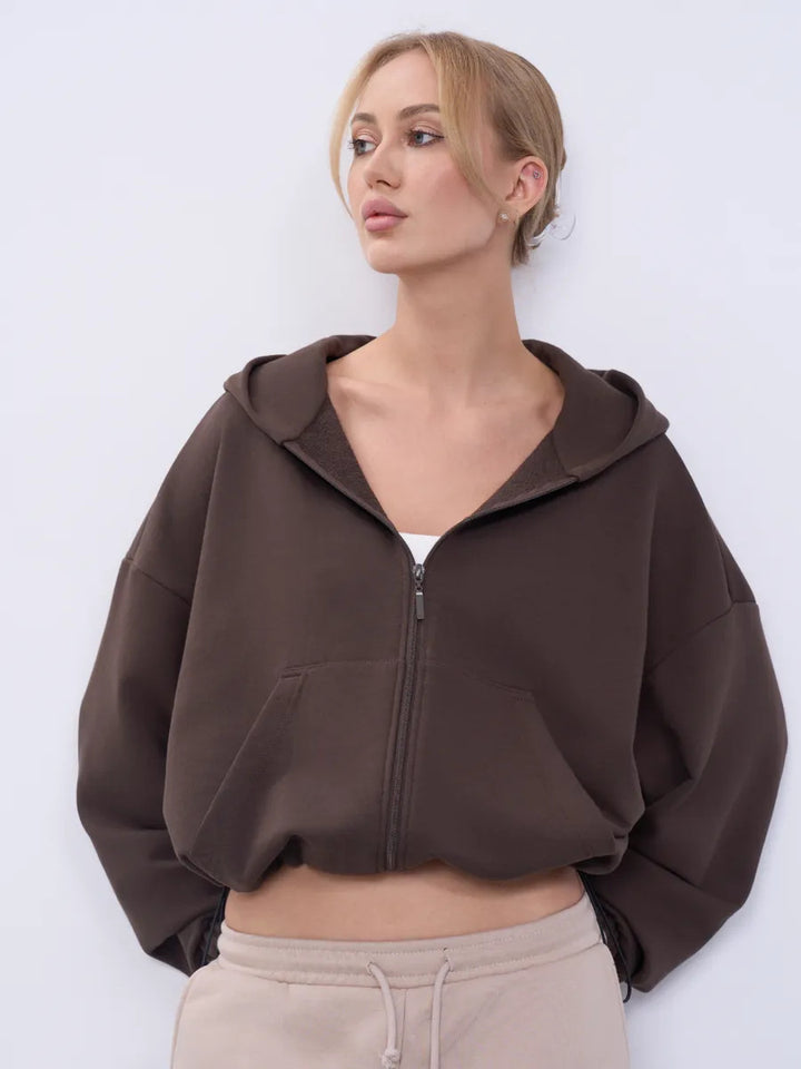 Damen lässiger cropped Kapuzenpullover mit voluminösen Ärmeln Drune