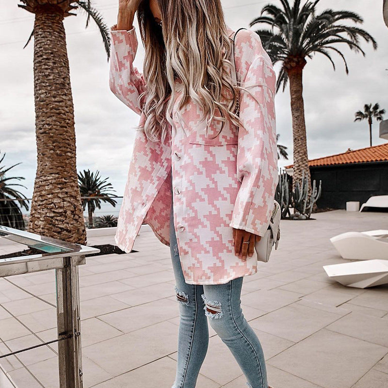 Damen Oversized Jacke im modernen Hahnentrittmuster mit praktischen Taschen Drune