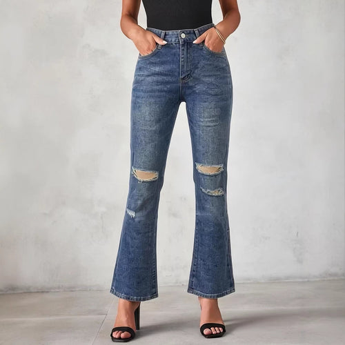 Damen nan High‑Waist Schlagjeans mit Distressed-Kniepartie und strukturierter Denim-Optik Drune