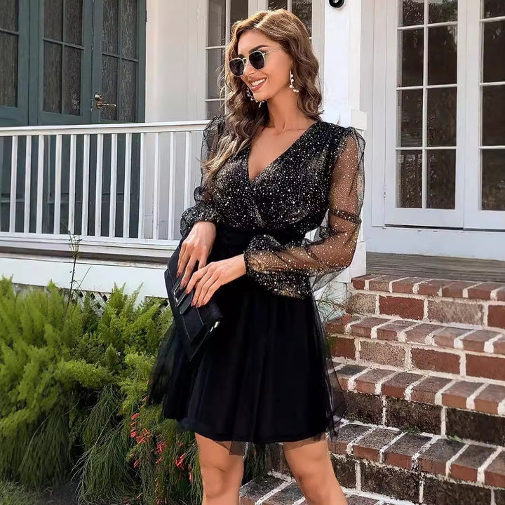Damen Glamouröses Cocktailkleid mit glitzerndem Oberteil und transparenten Ärmeln Drune