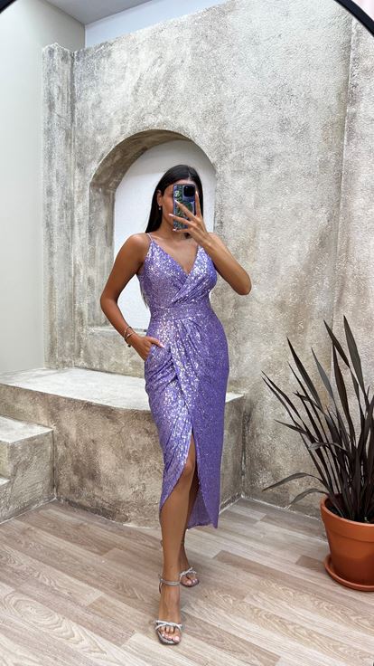 Damen Glitzerndes Maxikleid mit seitlichem Schlitz und schimmerndem Obermaterial Drune