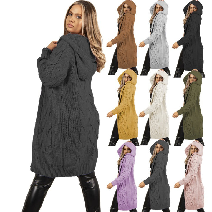 Damen Strickmantel mit Kapuze und Zopfmuster Drune
