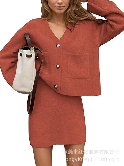 Damen lässiges Strickensemble mit V-Ausschnitt und Knopfdetaillierung Drune