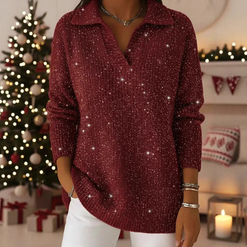 Damen schimmernder Strickpullover mit modernem Kragen Drune