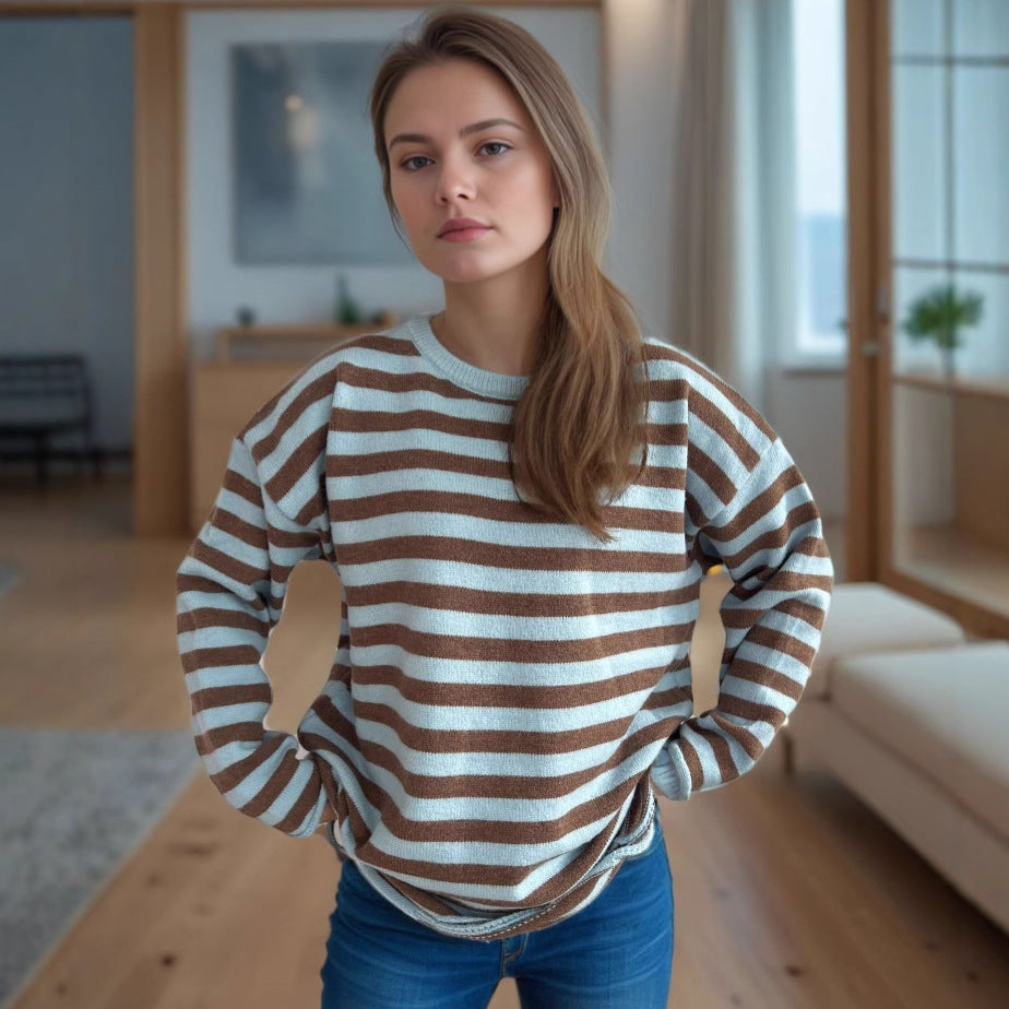 Damen gestrickter Oversized-Pullover mit lässigem Streifenmuster Drune