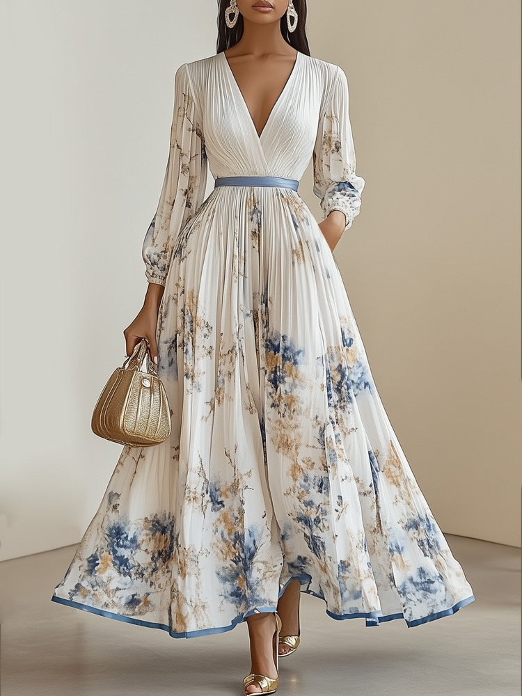 Damen Prachtvolles Maxikleid mit tiefem V-Ausschnitt und floralem Design Drune