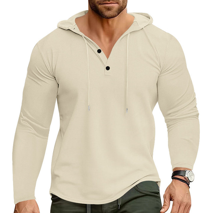 Herren nan körperbetontes Waffelstruktur-Henley-Hoodie mit halber Knopfleiste und Zugkordel Drune