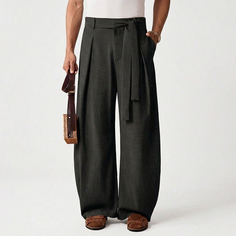 Herren nan weit geschnittene Leinenhose mit hoher Taille und Bindegürtel Drune