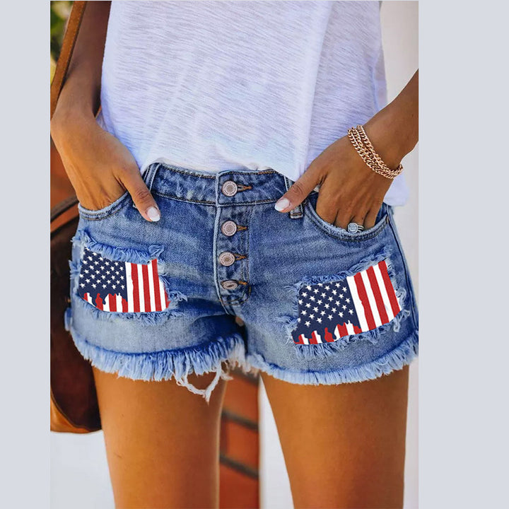 Damen Denim-Shorts mit Vintage-Fransen und patriotischen Applikationen Drune