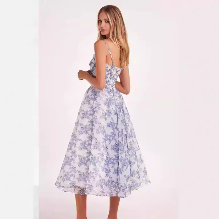 Damen Midi-Kleid mit floralem Spitzenoberteil und schwingendem Rock Drune