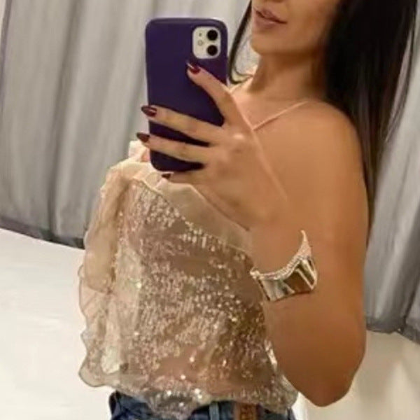 Damen Funktionsbluse mit Pailletten und Rüschen Drune