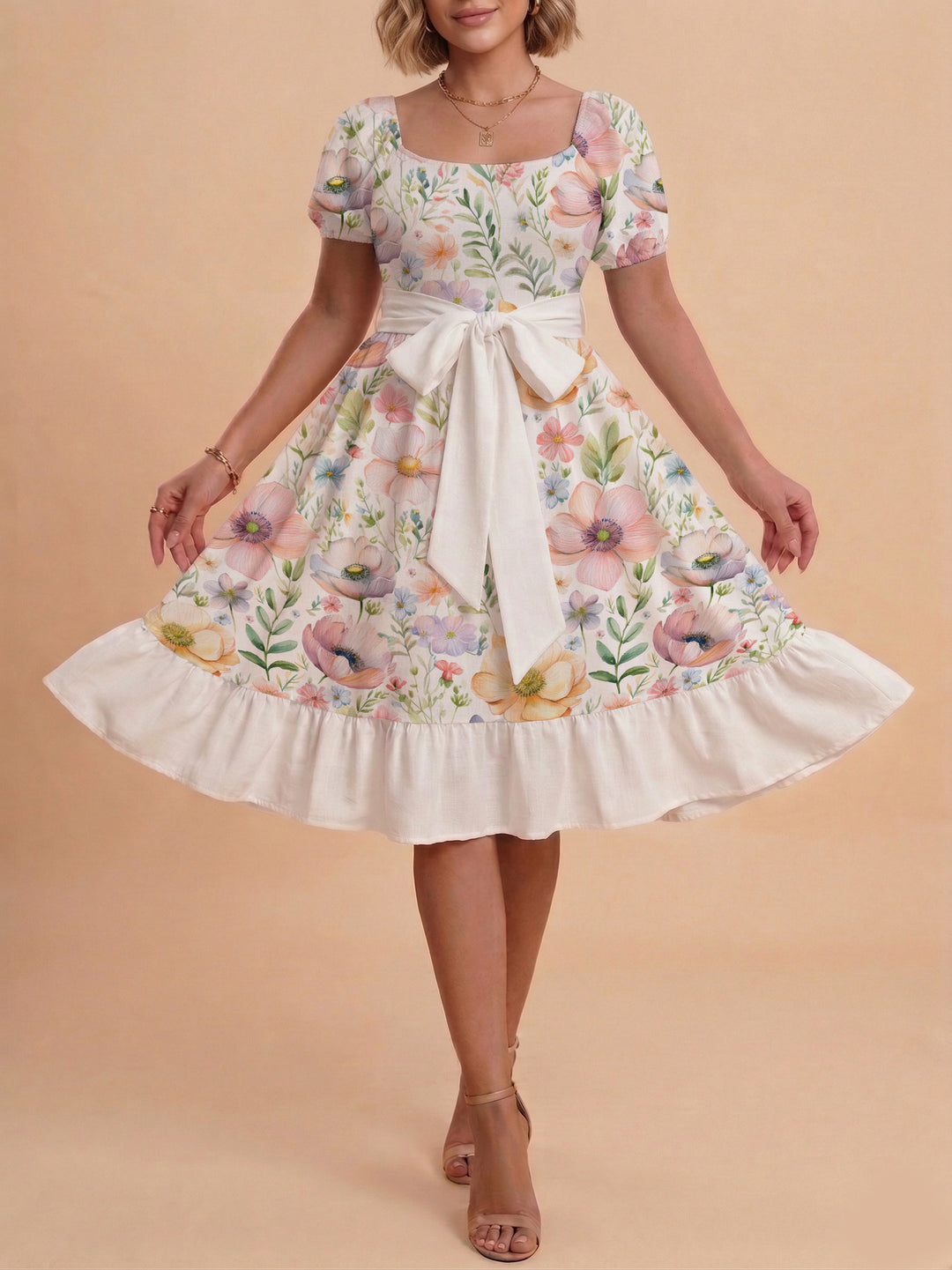 Damen elegantes Maxikleid mit floralem Design und Taillengürtel Drune