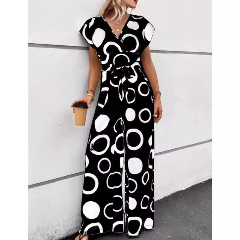 Damen Jumpsuit mit modernem Kreismuster und Gürtel Drune