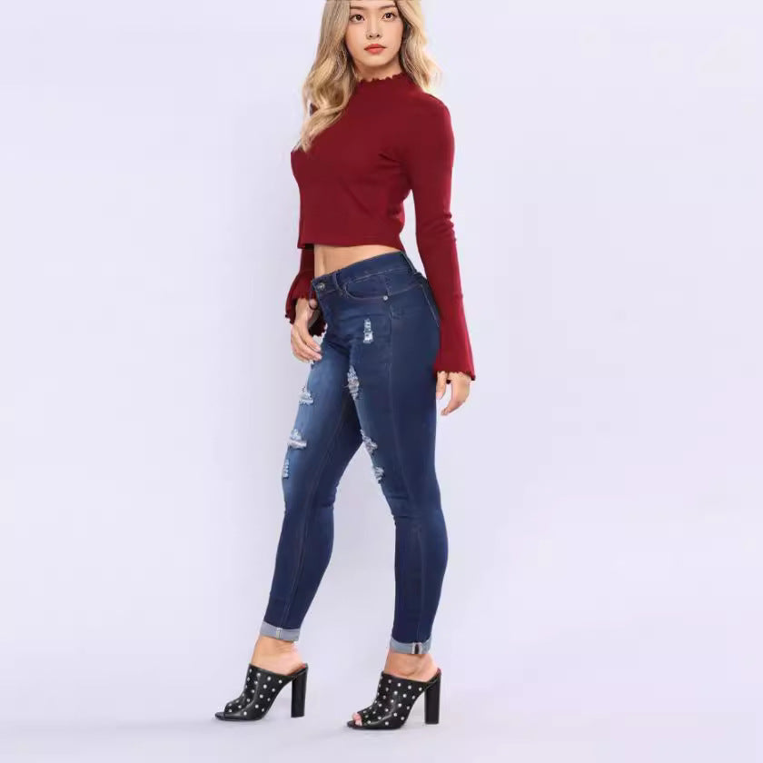 Damen nan hochgeschnittene Skinny-Jeans mit Destroyed-Details und umgeschlagenem Knöchelabschluss Drune