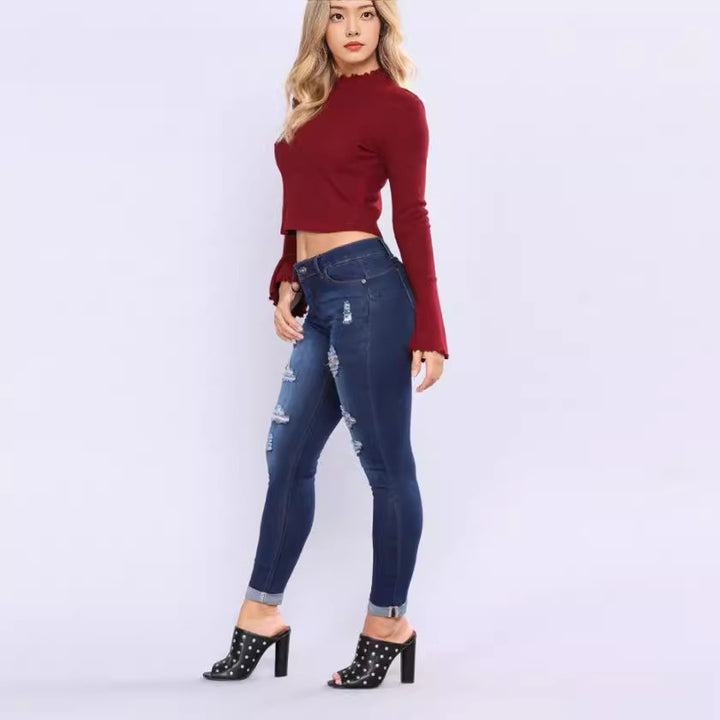 Damen nan hochgeschnittene Skinny-Jeans mit Destroyed-Details und umgeschlagenem Knöchelabschluss Drune