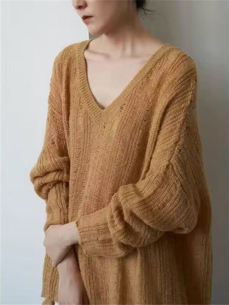 Damen Grobstrickpullover mit tiefem V-Ausschnitt und lässigem Schnitt Drune
