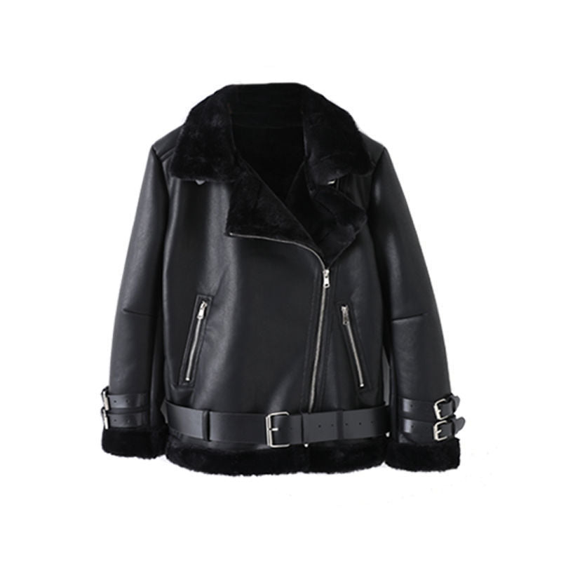 Damen Kunstleder Bikerjacke mit Plüschkragen und verstellbaren Riemen Drune