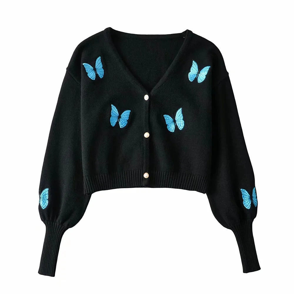 Damen Kurze Strickjacke mit floralem Stickdesign Drune