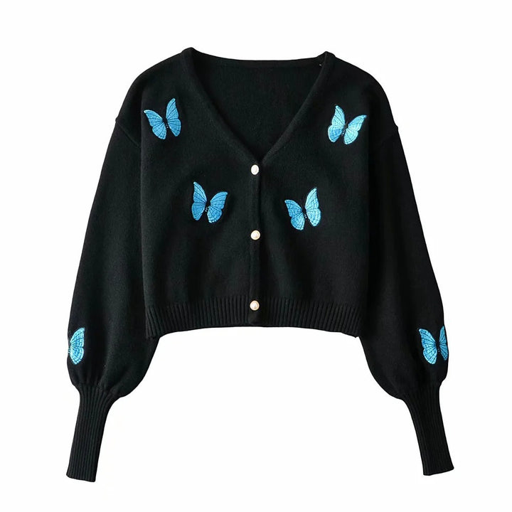 Damen Kurze Strickjacke mit floralem Stickdesign Drune