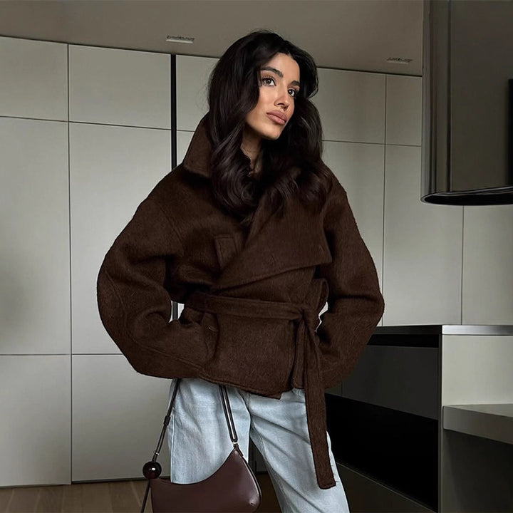 Damen elegante Oversized-Wolljacke mit Gürtel Drune