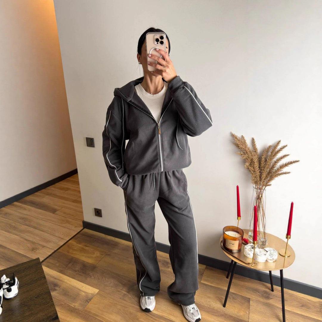 Damen modischer Fleece-Jogginganzug mit Reißverschluss und seitlichen Streifen Drune