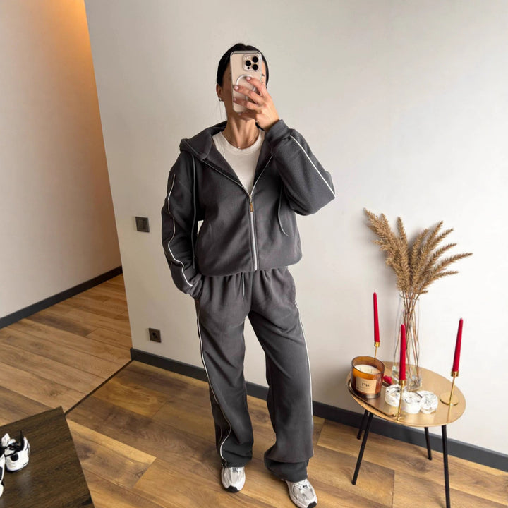 Damen modischer Fleece-Jogginganzug mit Reißverschluss und seitlichen Streifen Drune