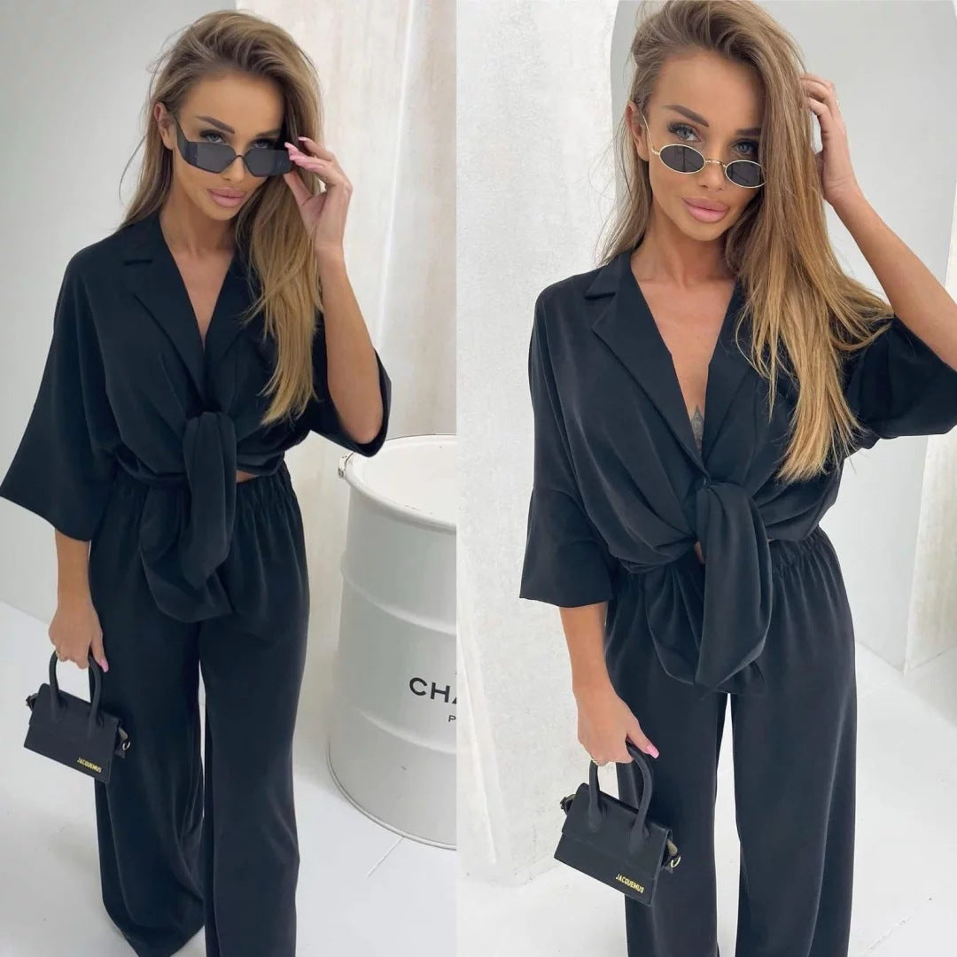 Damen lässiger Jumpsuit mit Bindegürtel und weit geschnittenen Beinen Drune