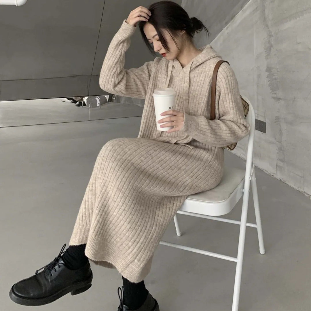 Damen Strickpullover mit Kapuze und Rippstruktur Drune