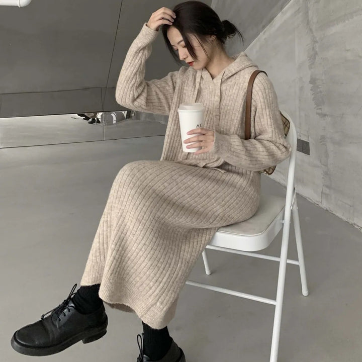Damen Strickpullover mit Kapuze und Rippstruktur Drune
