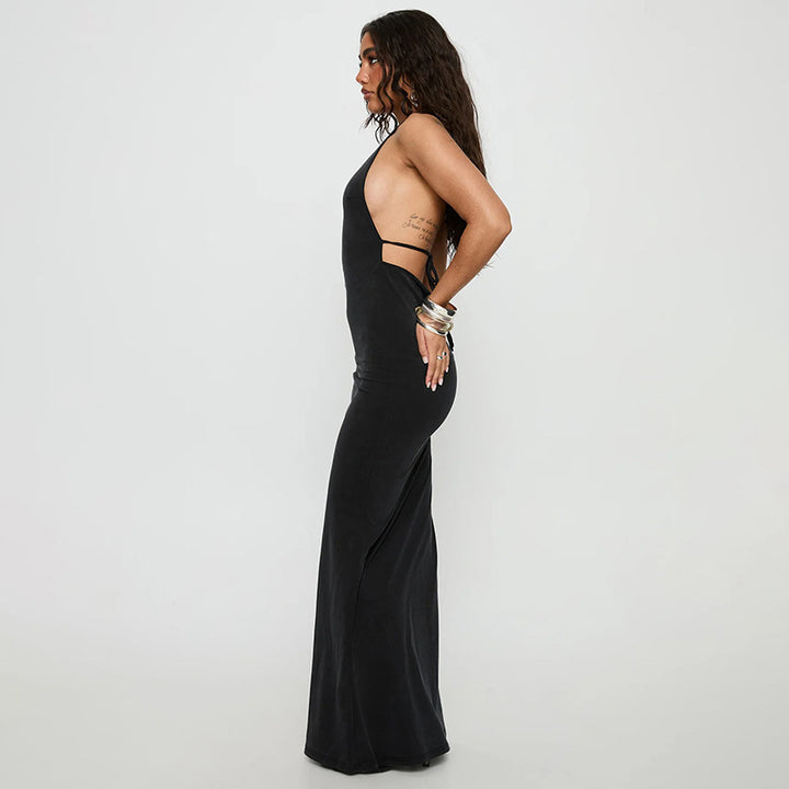 Damen elegantes Maxikleid mit haltem Ausschnitt und figurbetontem Schnitt Drune