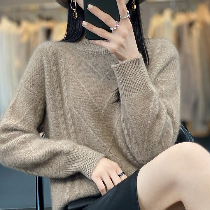 Damen Grobstrickpullover mit innovativem Zopfmuster und hohem Stehkragen Drune