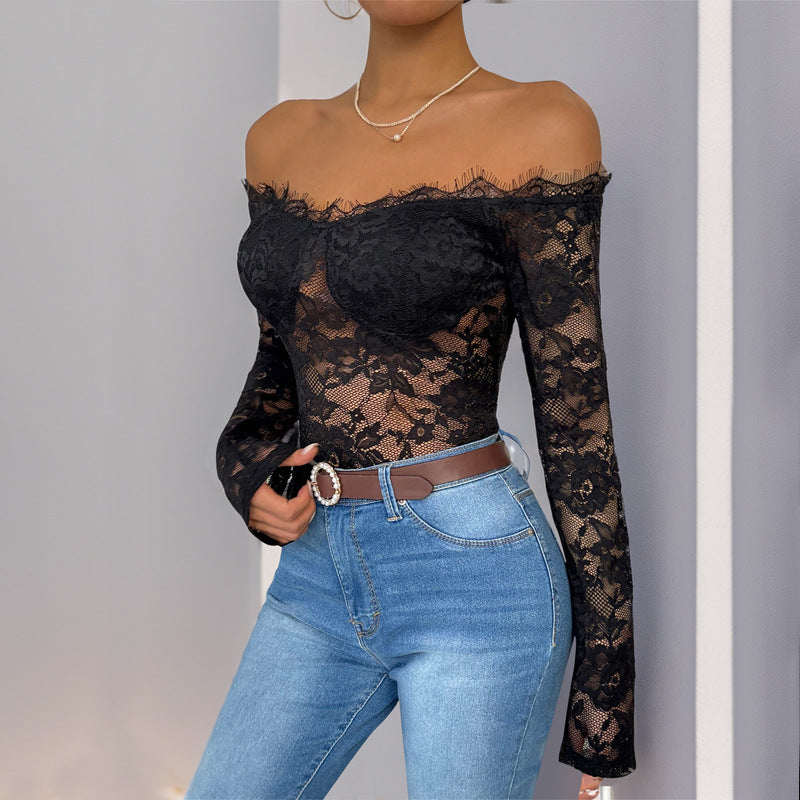 Damen Spitzenbody mit Off-Shoulder-Ausschnitt und langen Ärmeln Drune