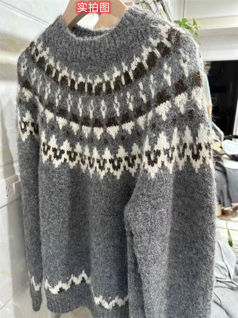 Damen gestrickter Pullover mit Norwegermuster Drune