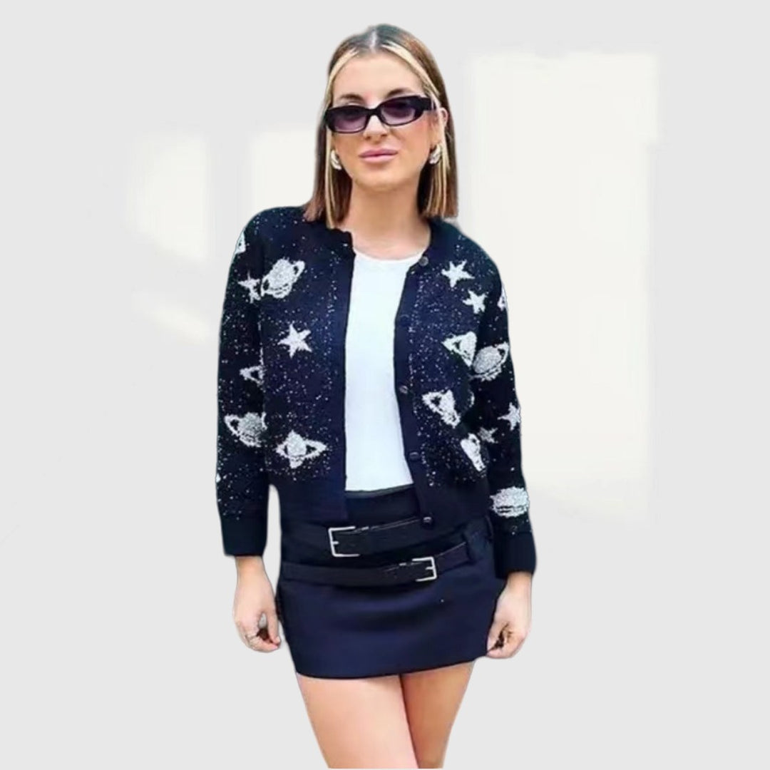 Damen modische Strickjacke mit auffälligem Sternen- und Planetenmotiv Drune
