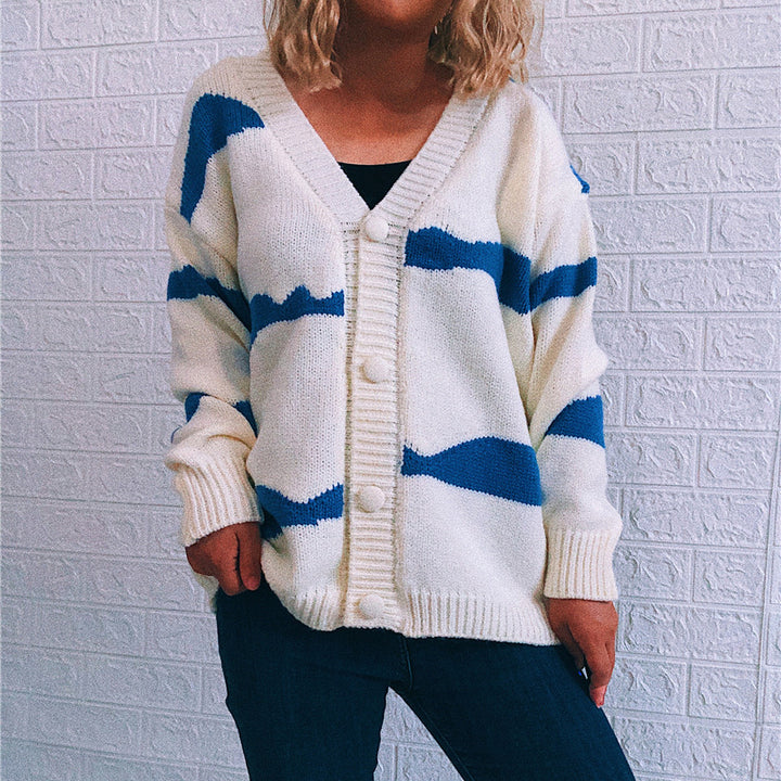 Damen gestreifte Strickjacke mit Knopfverschluss und weitem Schnitt Drune