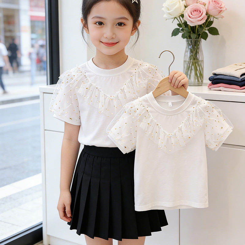 Mädchen T-Shirt mit Rüschendetails und transparenten Puffärmeln Drune