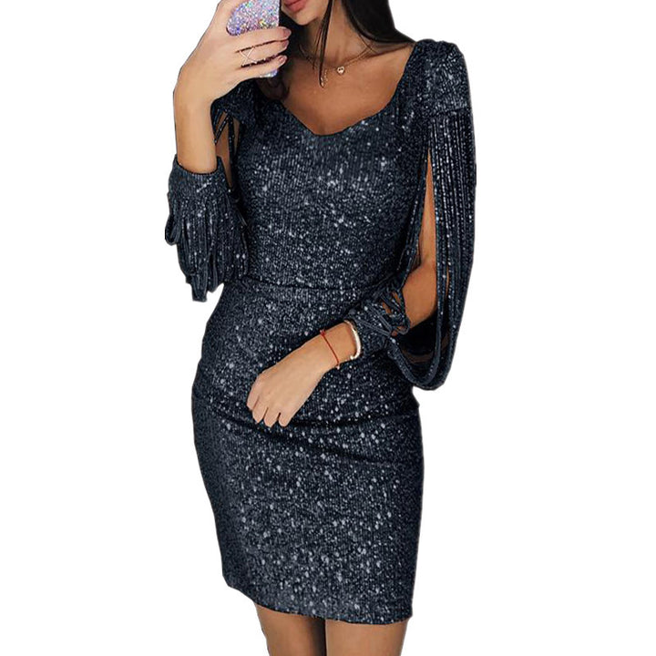Damen Glitzerndes Cocktailkleid mit tiefem V-Ausschnitt und schwingenden Ärmeln Drune