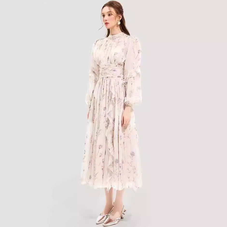 Damen Maxikleid mit floralen Rüschen und Halsbündchen Drune