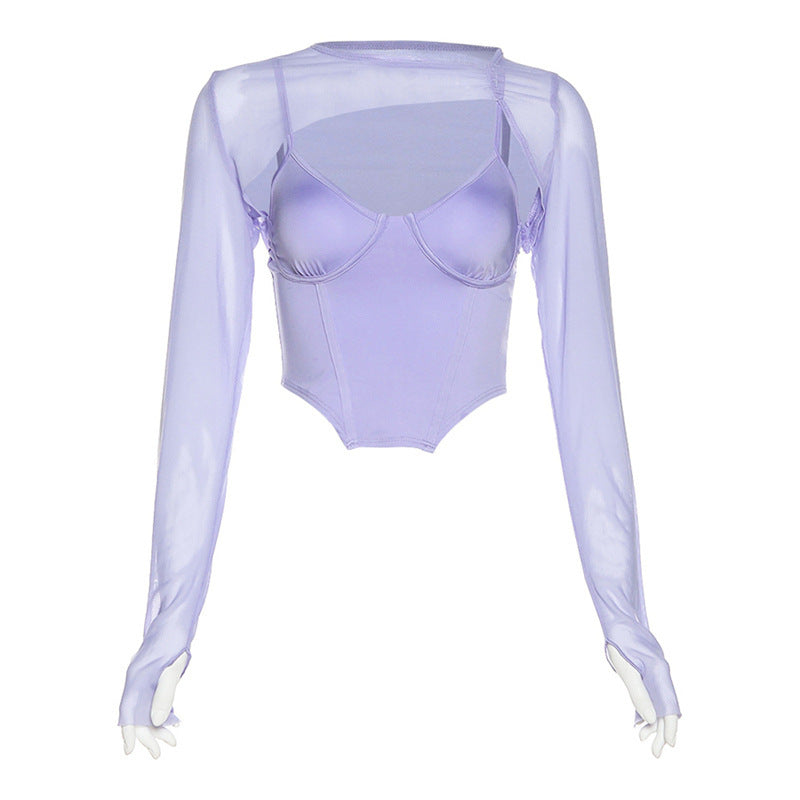 Damen Modisches Longsleeve Oberteil mit transparentem Material und integrierter Unterbruststütze Drune