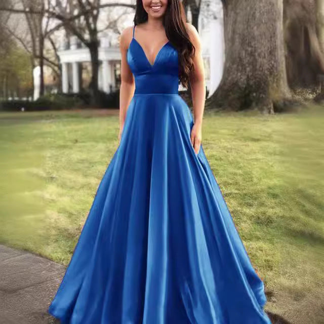 Damen A-Linien Abendkleid mit tiefem Ausschnitt und schmalen Trägern Drune