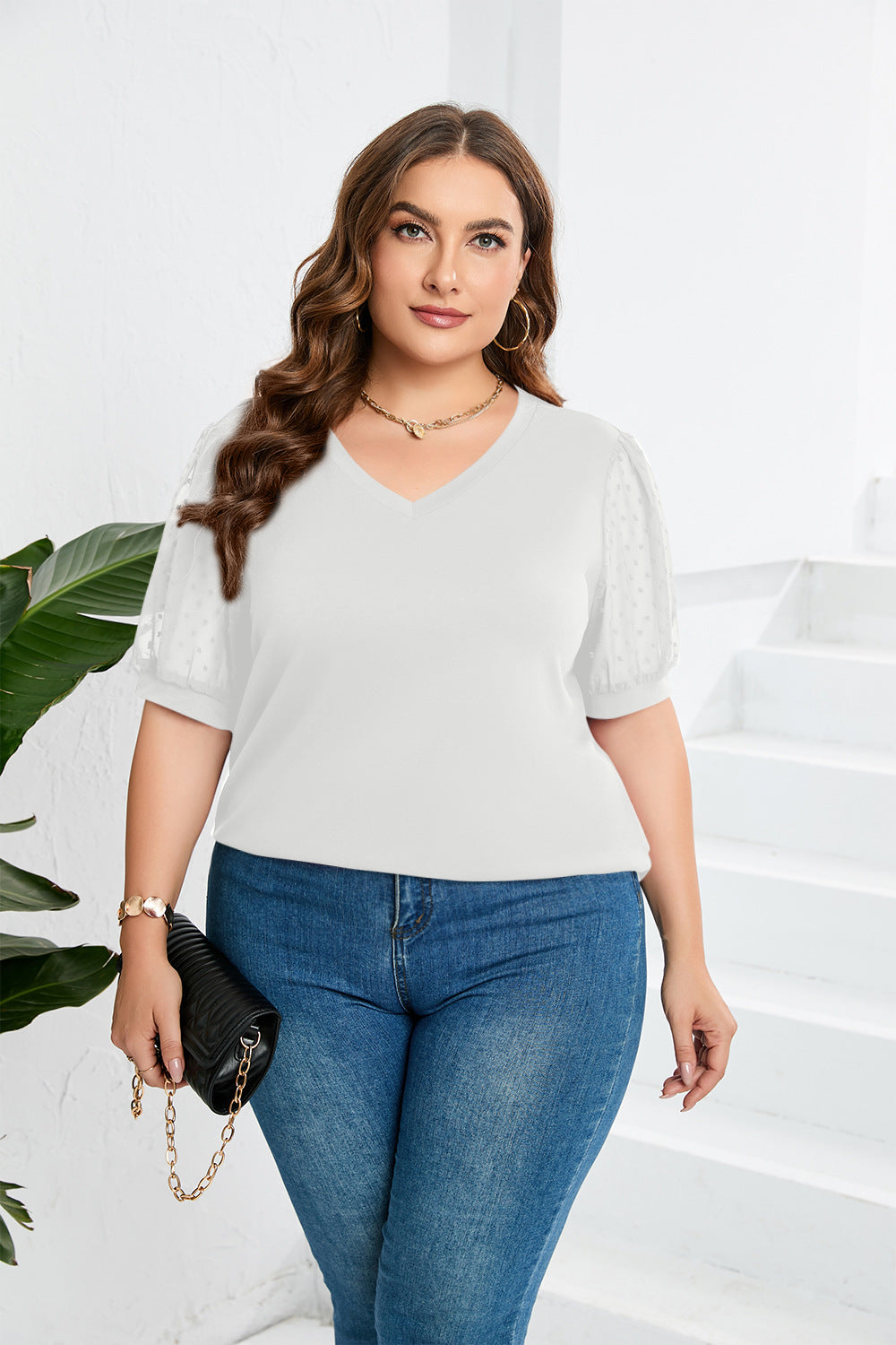 Damen elegantes Blusenshirt mit transparenten Puffärmeln und V-Ausschnitt Drune