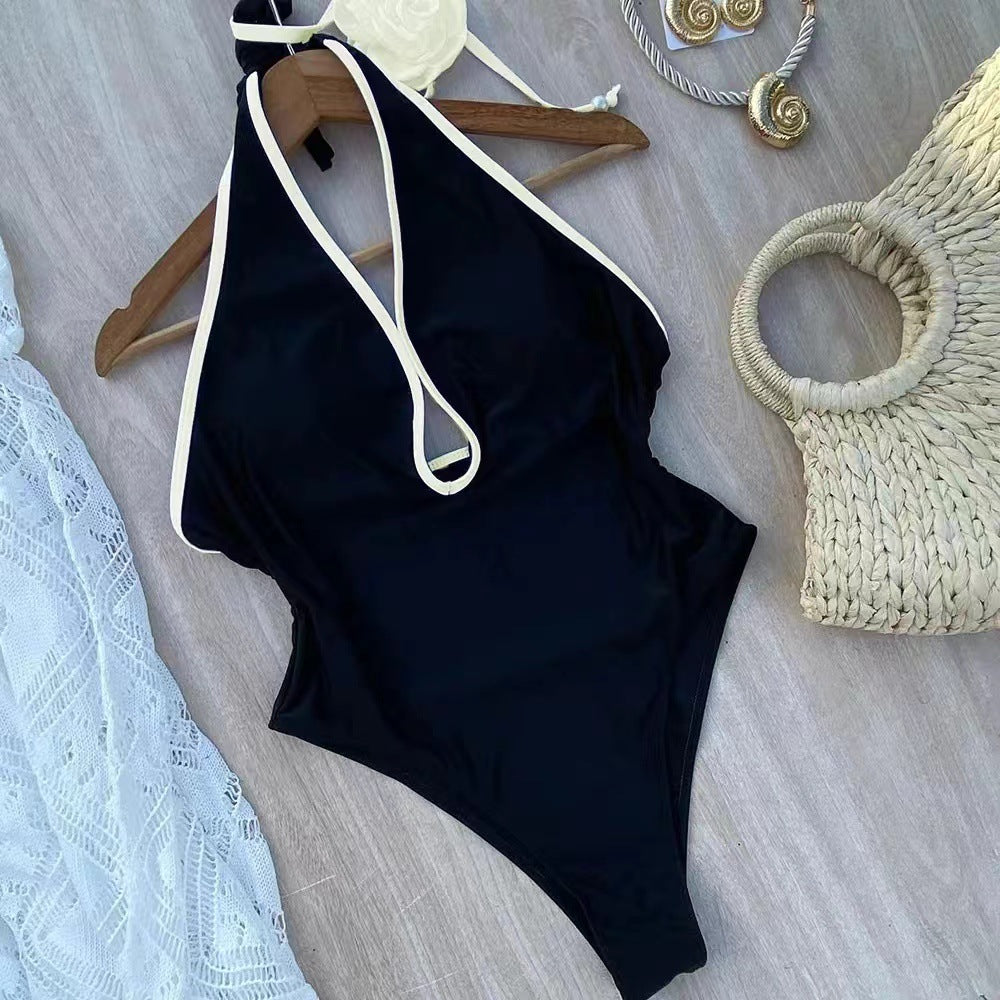 Damen Eleganter Badeanzug mit Hochgeschlossenem Ausschnitt und Blütenakzent Drune