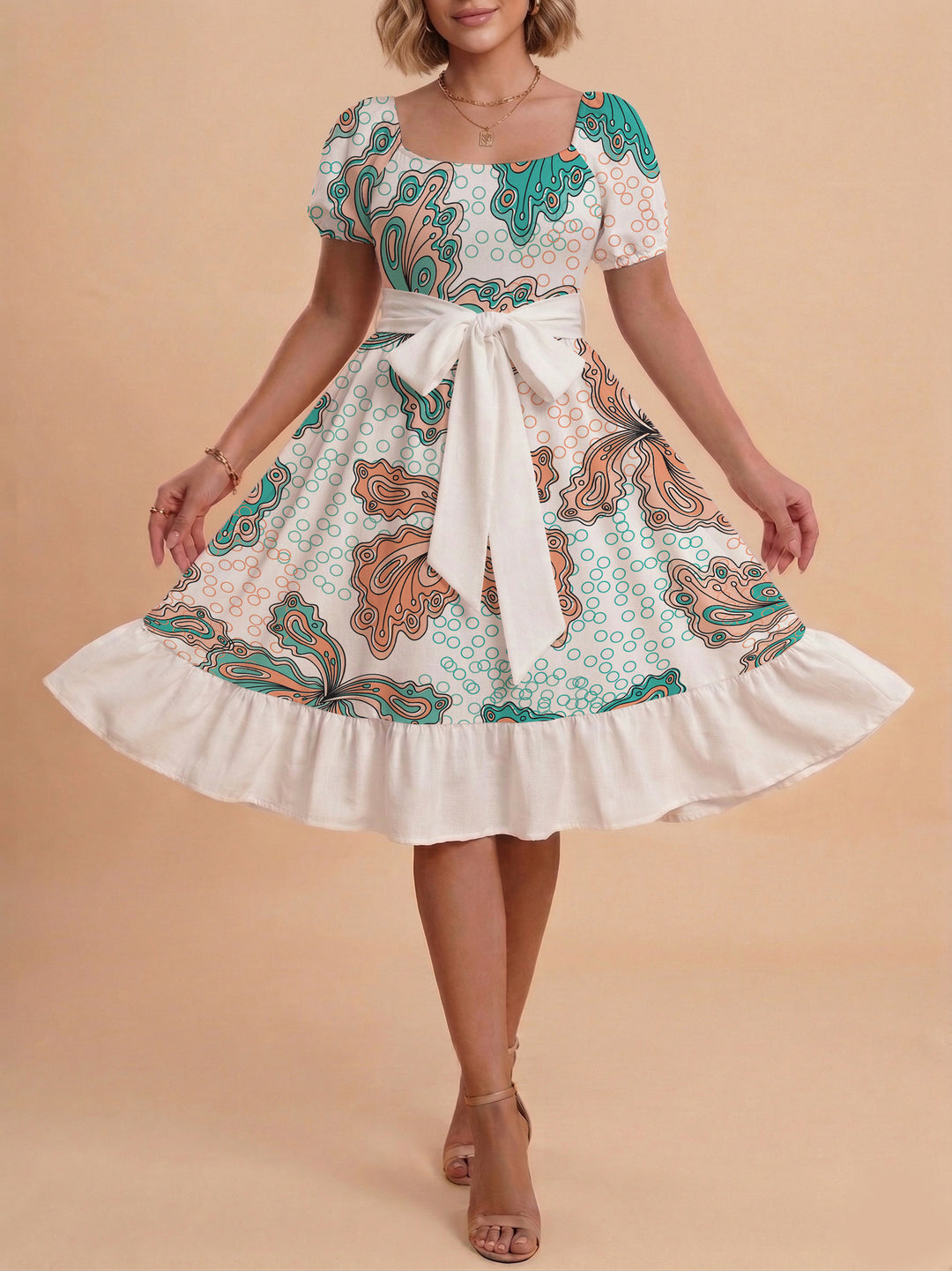Damen modernes Blumenkleid mit elegantem Taillengürtel und asymmetrischem Saum Drune