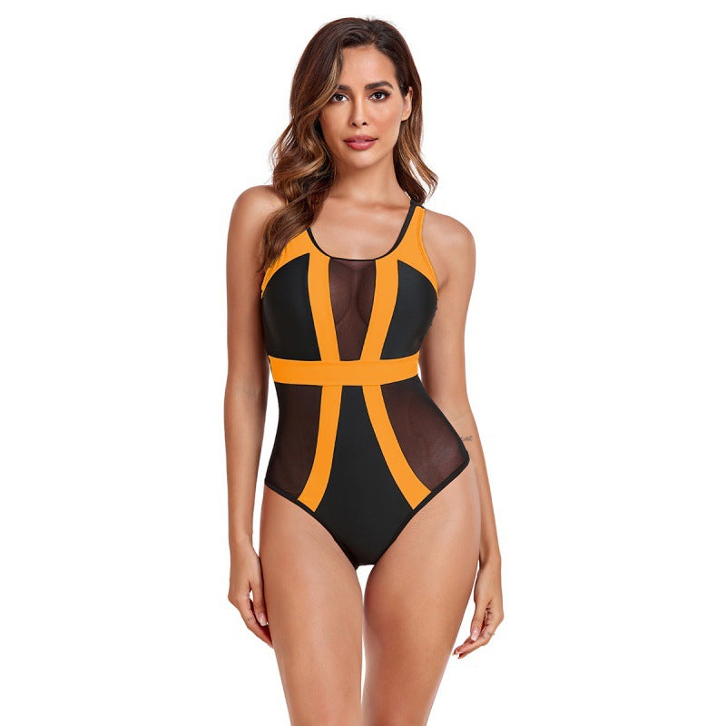 Damen Einteiliger Badeanzug mit modischen Mesh-Einsätzen und sportlichem Design Drune