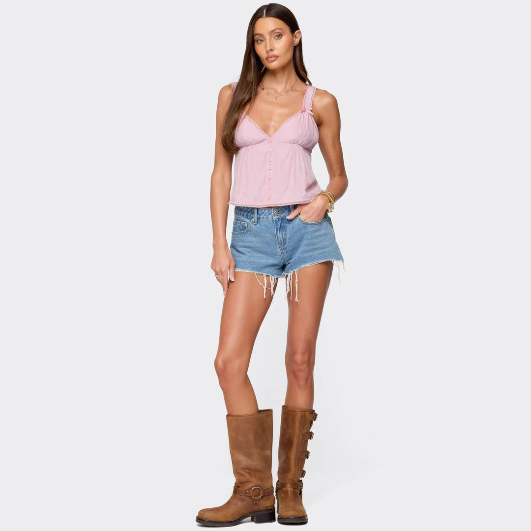 Damen Crop-Top aus feiner Baumwolle mit dekorativen Knopfdetails Drune