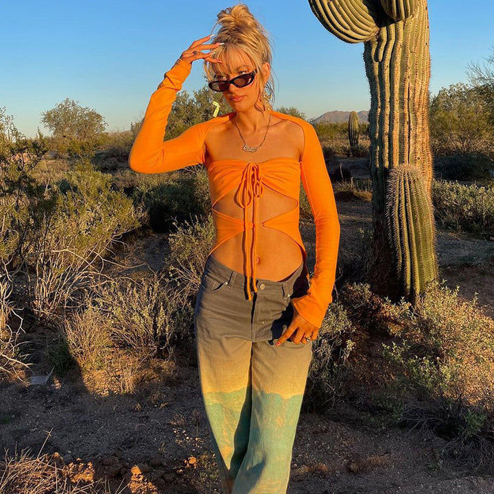 Damen Langarm-Trägershirt mit kreativem Cut-out und eleganter Wickeloptik Drune