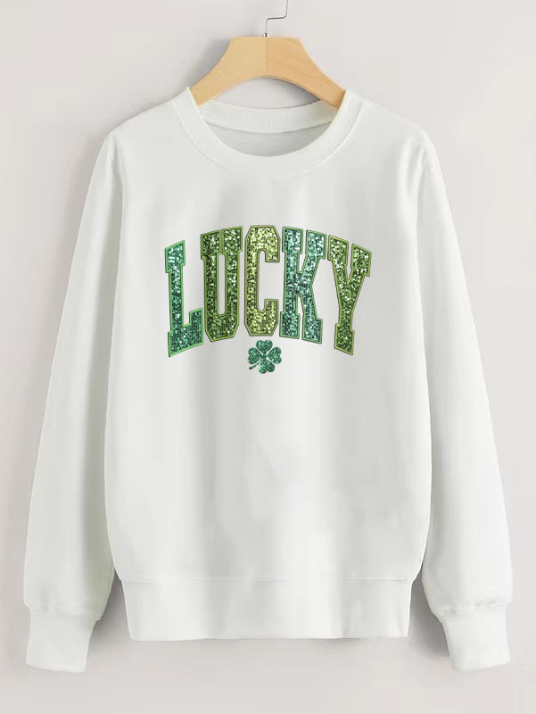 Damen lässiger Sweatshirt mit glitzerndem Schriftzug und Kleeblattmotiv Drune